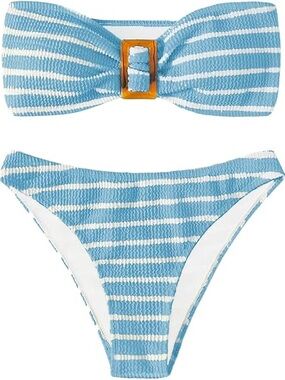 SHEIN Light Blue and White Striped Bandeau Bikini with Gold Buckle
